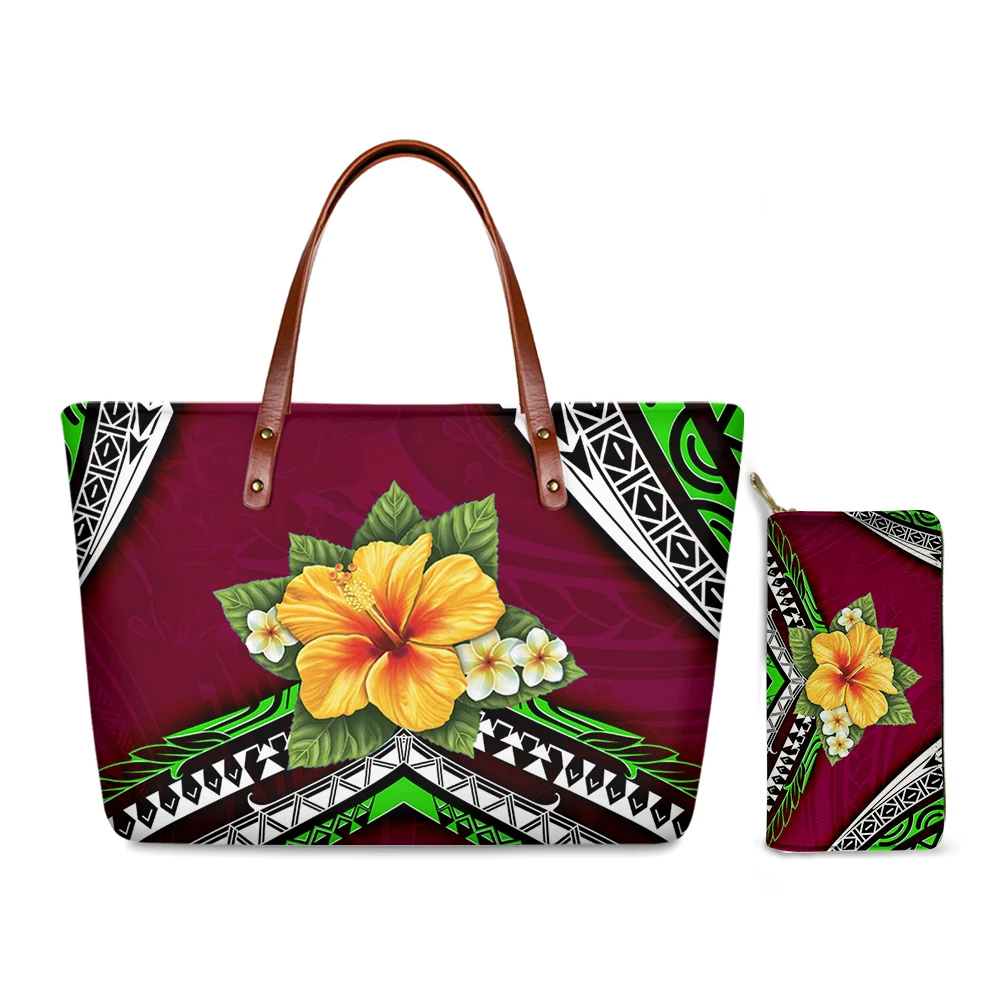 HYCOOL-Conjunto de bolso y cartera para mujer, bolsos de hombro con patrón polinesiano de flores tropicales hawaianas, bolso de lujo a la moda,