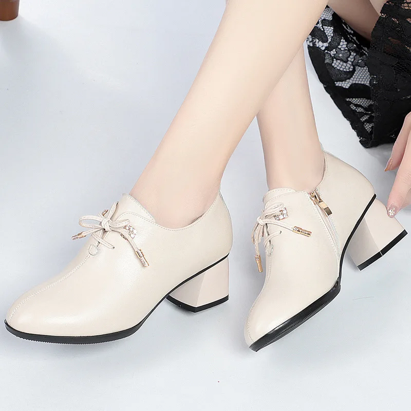 DRKANOL 2024 Fashion Women Thick Heel Shoes Genuine Leather Side Zipper Cross-tied Pumps Lady Shallow Rhinestone Casual Shoes