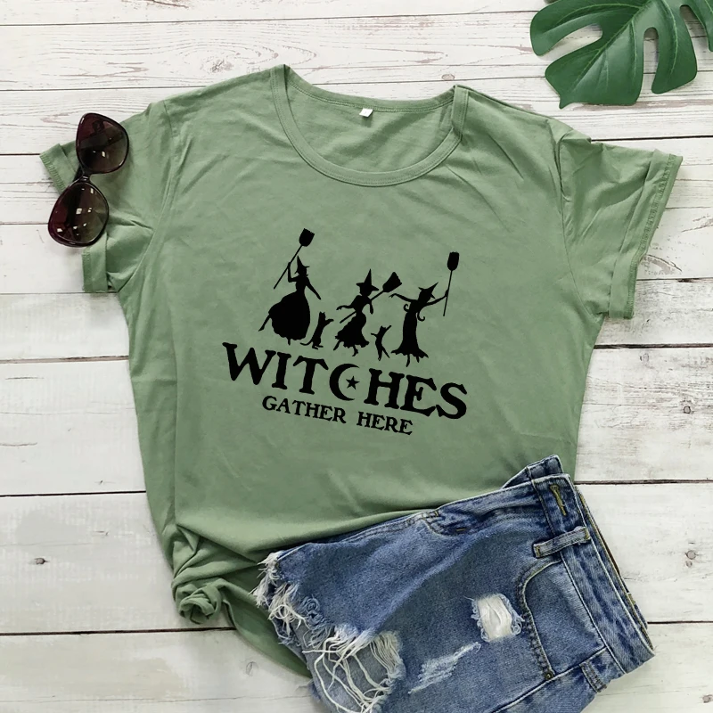 Witches Gather Here 100% Cotton T-shirt Funny Autumn Halloween Party Gift Tshirt Women Graphic Witchy Holiday Tee Shirt Top