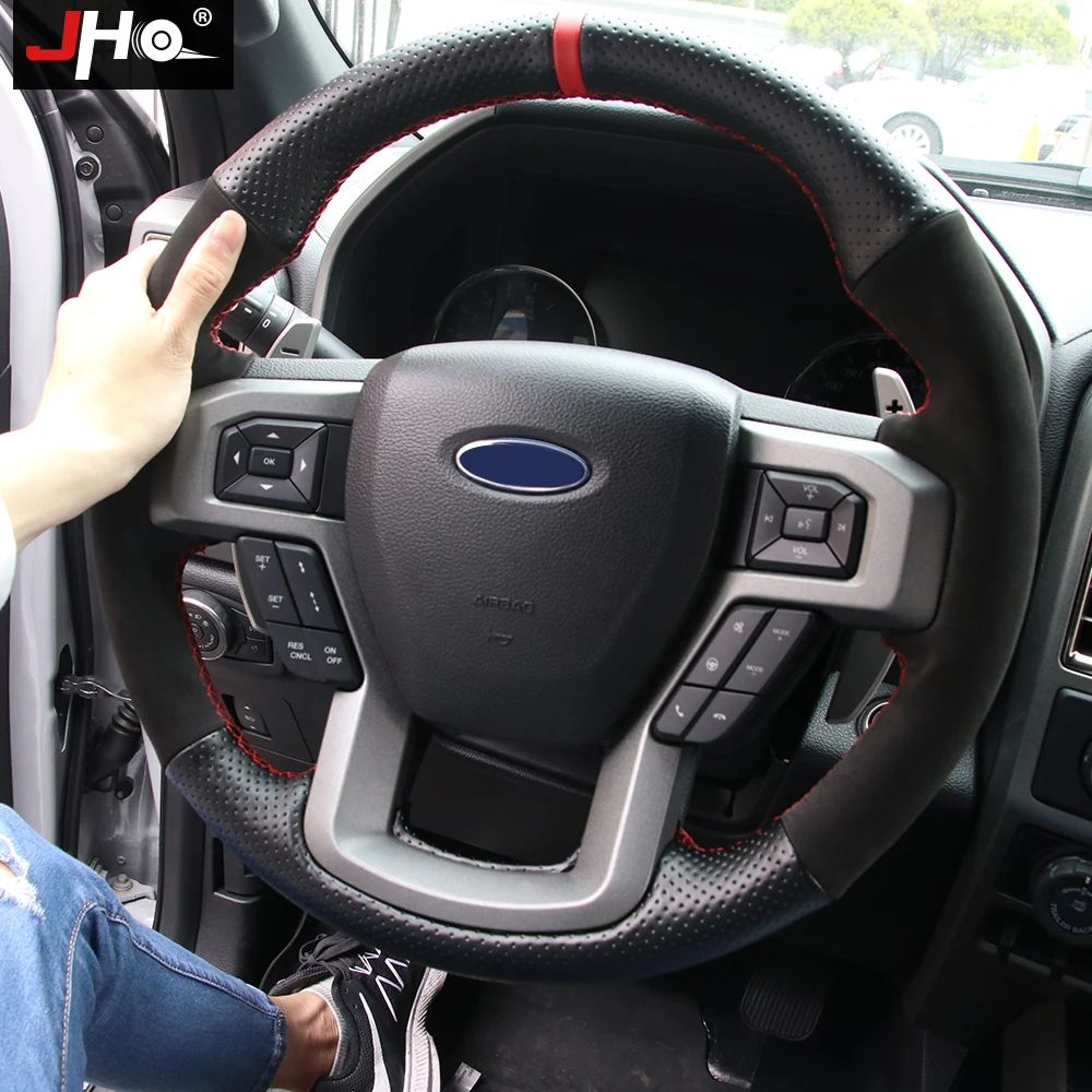 JHO Car Accessories Patchwork Faux Leather Steering Wheel Hand-stitching Wrap Cover For 2017-2018 Ford F150 Raptor