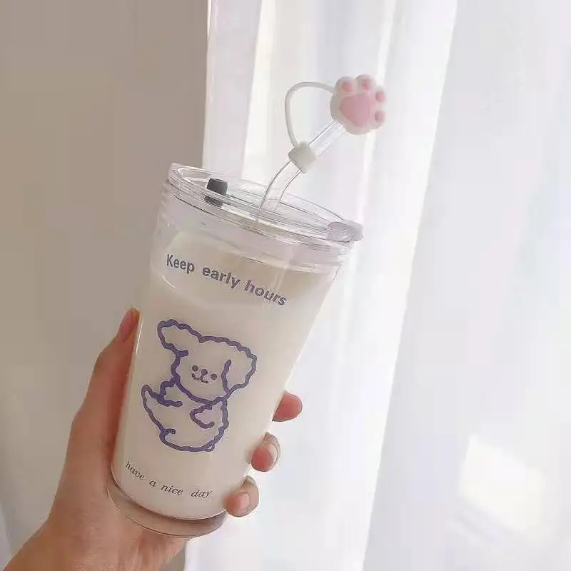 

450Ml Korean Glass Water Bottle Cartoon Puppy Travel Glass Mug with Straw Heat-Resistant Coffee Mug Breakfast Milk Mug Juice Cup