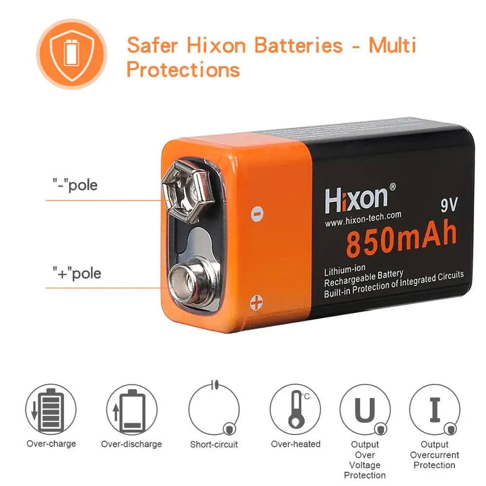 9V 6F22 Protected 850mAh Rechargeable Li-ion Battery&Charger For Smoke Alarm, Fire Alarm, Multimeter,Radio Microphone