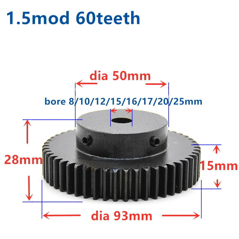 Quench Spur Gear pinion 1.5M 60T 60Teeth Mod 1.5 Width 15mm Bore 8mm-25mm Right Teeth major gear cnc gear rack transmission RC