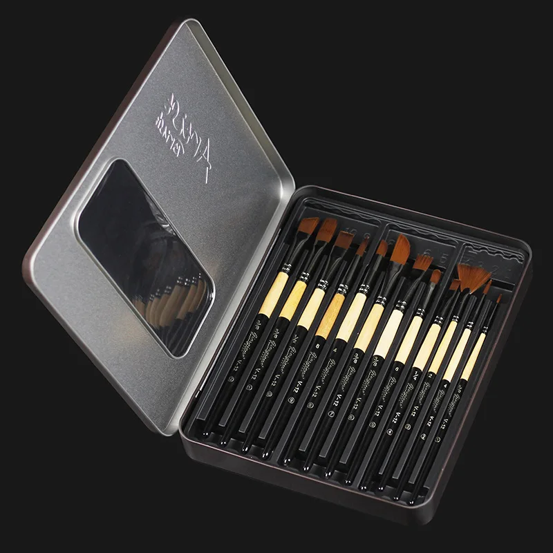 12 Pcs many types nylon hair of painting brush Iron box/pvc Artist Paint Brushes Set for Watercolor Oil Acrylic Gouache Painting