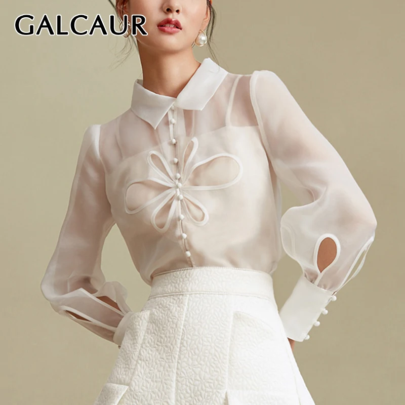 GALCAUR Casual Shirt For Women Lapel Lantern Long Sleeve Patchwork Hollow Out Designer Loose White Blouses Female 2024 Fall Tide