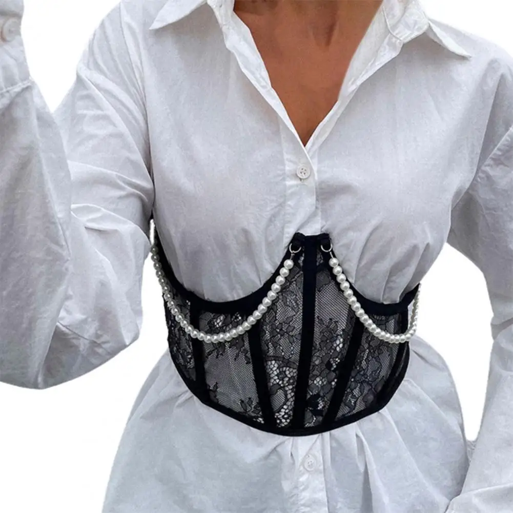 

Women Corset See Through Lace Metal Chain Faux Pearl Overbust Tight Waist Cincher for Adult