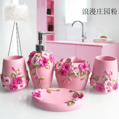 Red Resin Bathroom Set, Wedding Gift, Pink Bathroom Accessories Kit, 5 Piece Set, Soap Dispenser, Toothbrush Holder