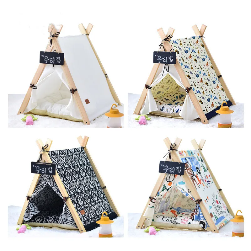 2021 New Canvas Warm Dog Nest Foldable Sleeping Lounger Mat Pet Cat Dog Teepee with Cushion & Blackboard, Portable Dog Tents Dec