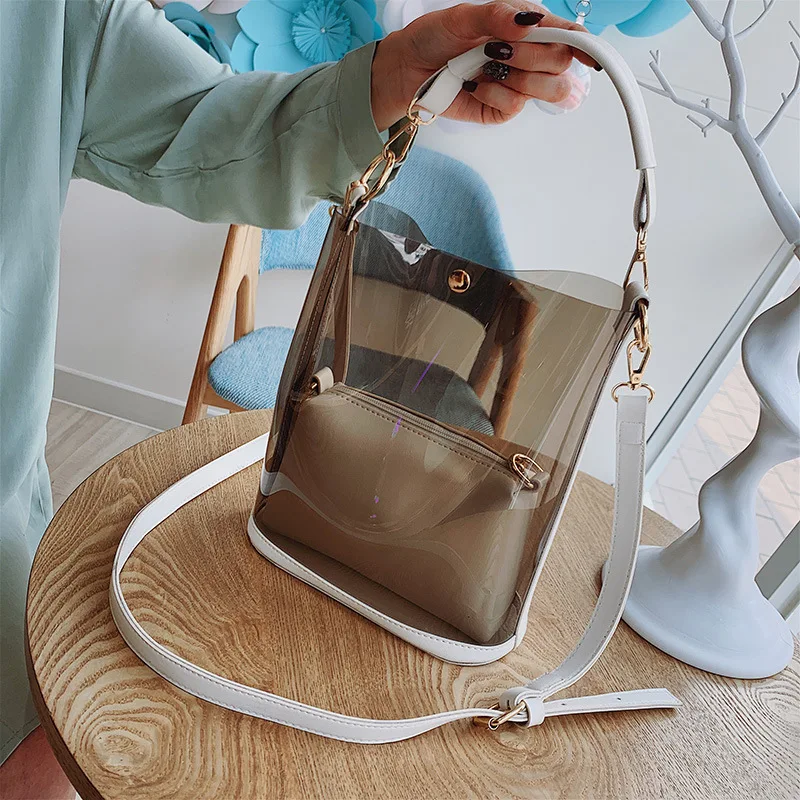 Sac à main transparent pour femmes, 2 pièces, gelée, bonbons, plage, épaule, mode d\'été, sac seau XA67E