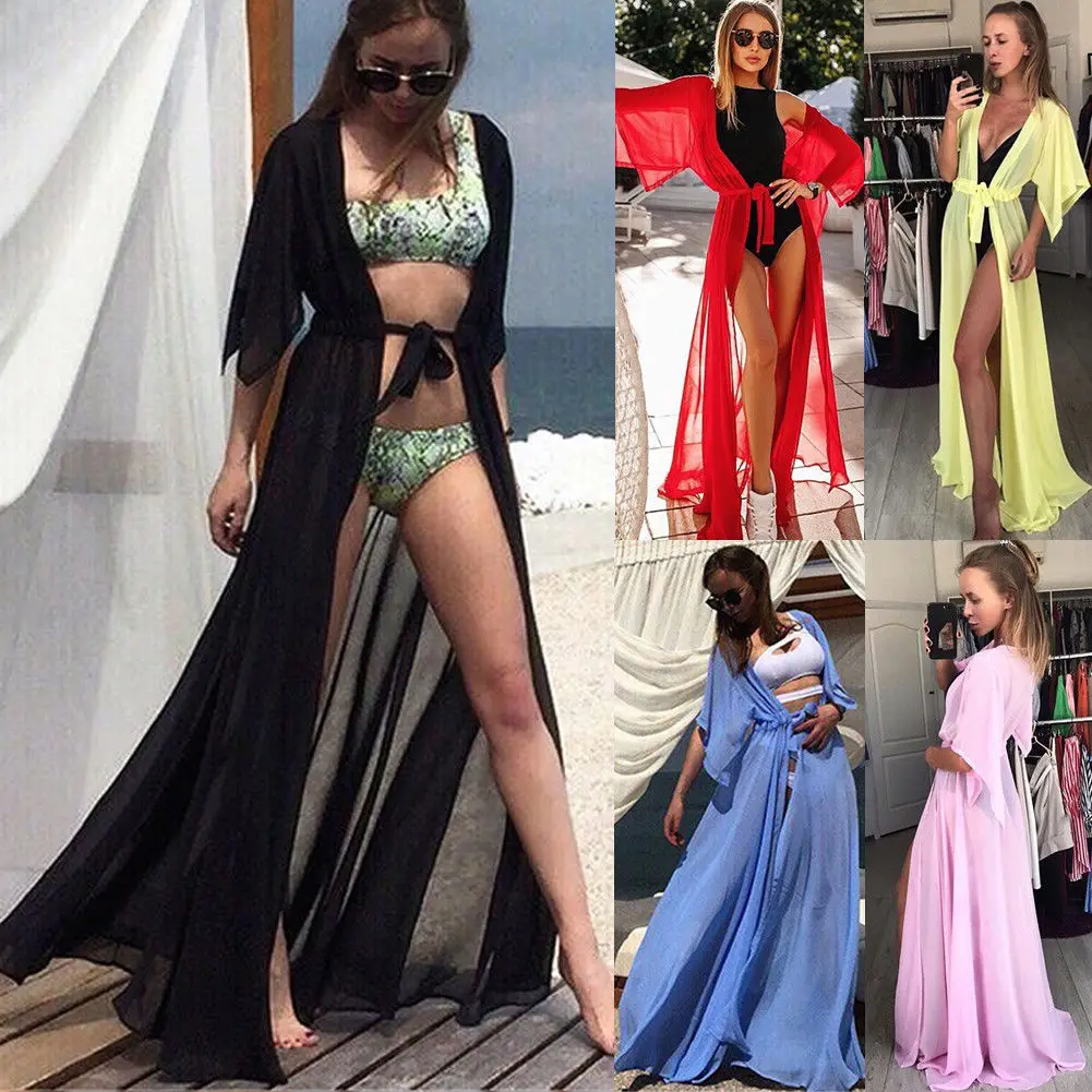 Summer Women Chiffon Kimono Beach Cardigan Bikini Cover Up Wrap Beachwear Long Dress Boho Dress