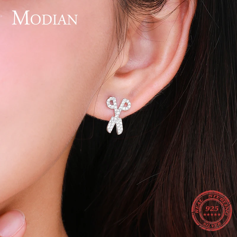 Modian 2021 New 925 Sterling Silver Shiny Dazzling Clear CZ Scissors Stud Earrings For Women Girls Fashion Exquisite Jewelry