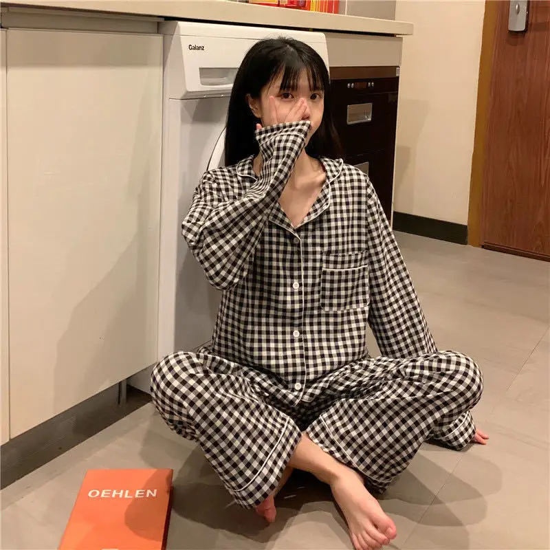 Pajama Sets Plaid Preppy Long Sleeve Soft Lovely Girls Nightwear Kawaii Loose Trendy Daily 2 Piece Sleepwear Korean Style Tender