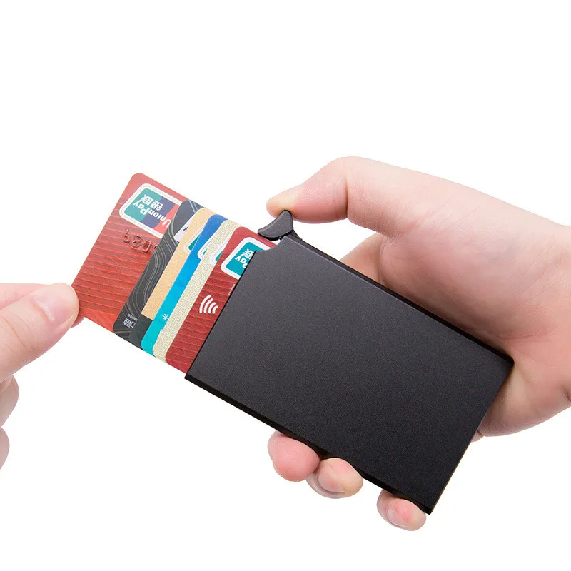 

Bycobecy Customized Name Wallet RFID Cards Holder Anti-theft Smart Wallet Men Business Card Case Automatically Solid Card Holder