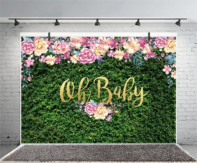 Oh Baby Backdrop Newborn Green Grass Happy Birthday Party Photography Background Flower Photographic Banner