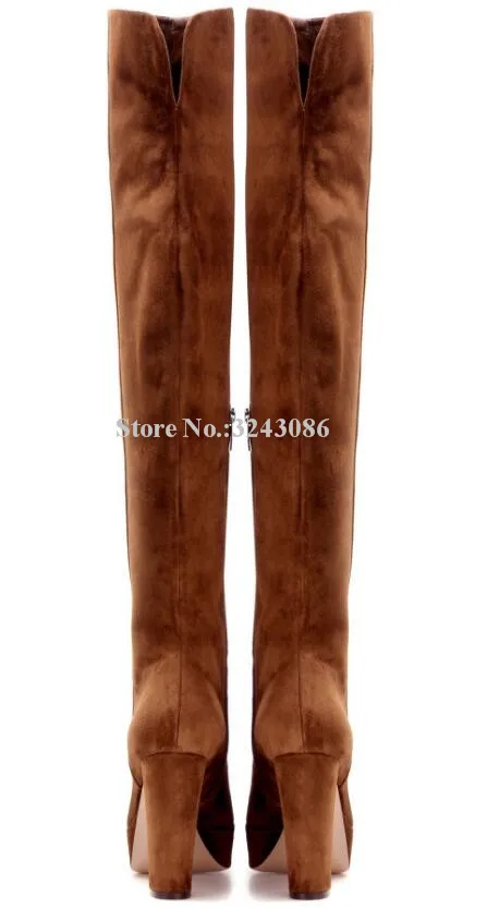 New Brown Chunky Heel Platform Long Boots Woman Suede Thick Heel Over-the-knee Boots Lady Large Size Banquet Shoes Dropship