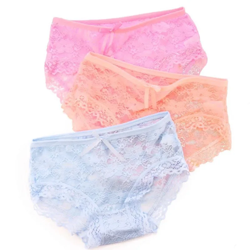 

4Pc/Lot Transparent Low Waist Cotton Crotch Women Underwear Lingerie Girls Panties Full Lace Briefs