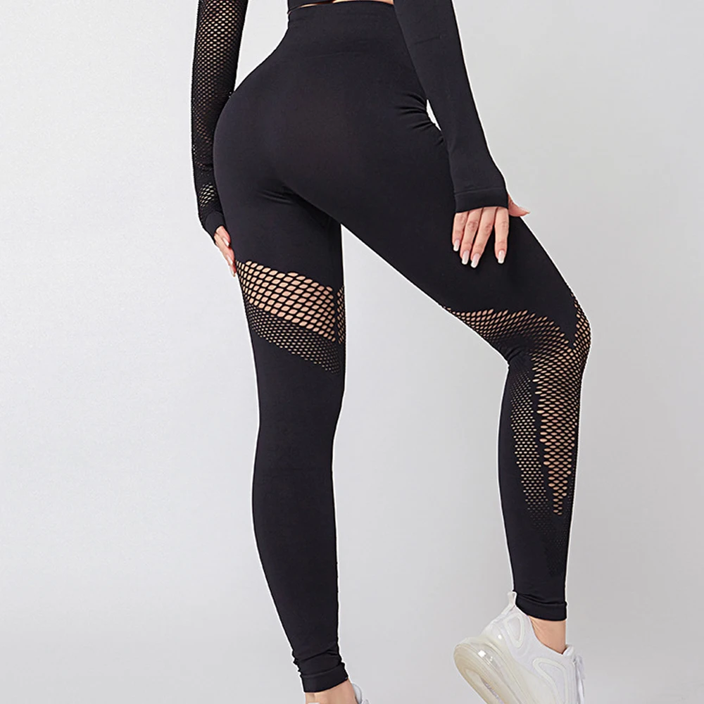 Yoga Sets Women Gym Clothes Seamless Long Sleeve Crop Tops Mesh Sports Leggings Running Workout High Waist Pants Fitness Wear