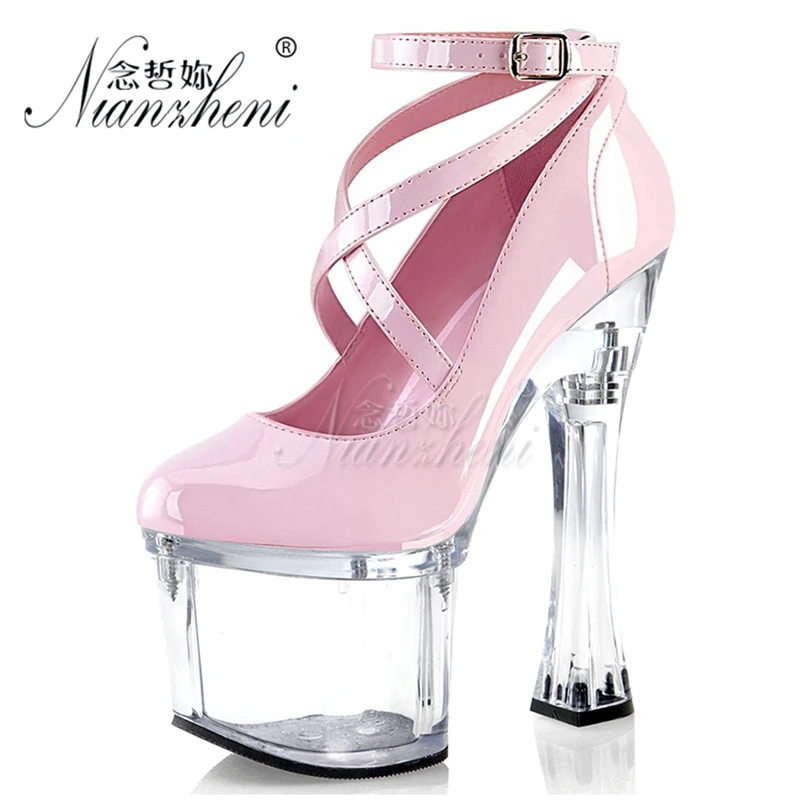 

18CM Patent Leather Elegant Fashion Sweet Woman Shallow Buckle Strap Pumps Pole Dance Shoes High Stripper Heels 7 Inches Sesy