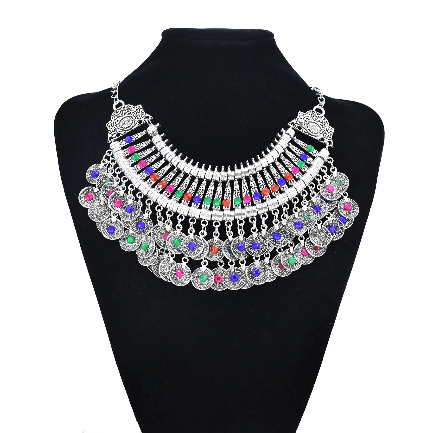 Vintage Color Rhinestone Coin Necklace Earrings for Women Ethnic Tribal Hair Clip Afghan Turkish Gypsy Statement Jewelry Sets