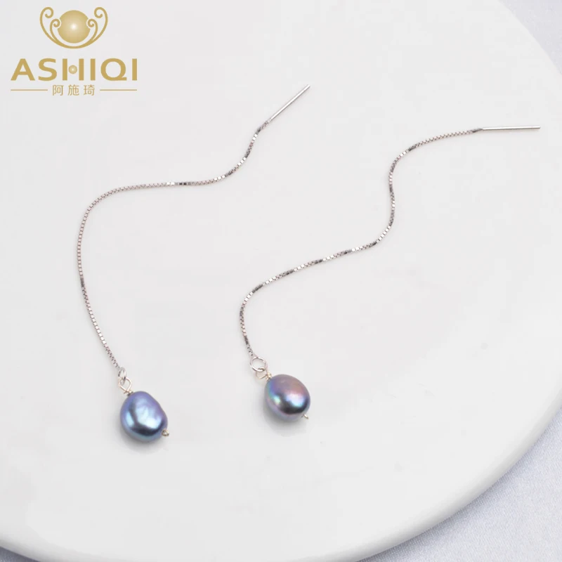 ASHIQI 925 Sterling Silver Long Chain Earring Pendants For Women Natural Freshwater Pearl  Jewelry Gifts for The New Year