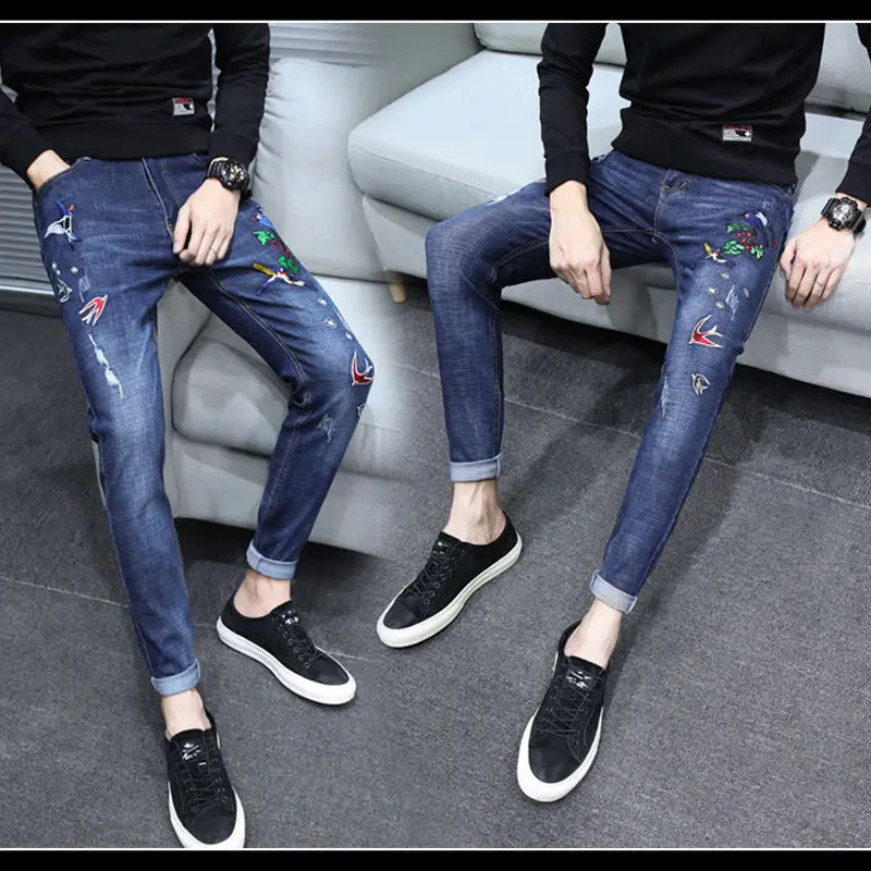 Stretch embroidered jeans men Korean fashion slim leggings black worn-out youth embroidered pants