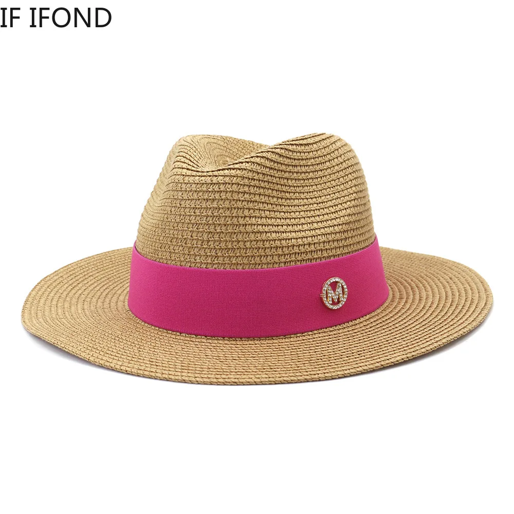 2021 New Luxury Straw Beach Hat For Women Summer Panama Cap Fashion M Letter Ribbon Sun Protection Visor Hats