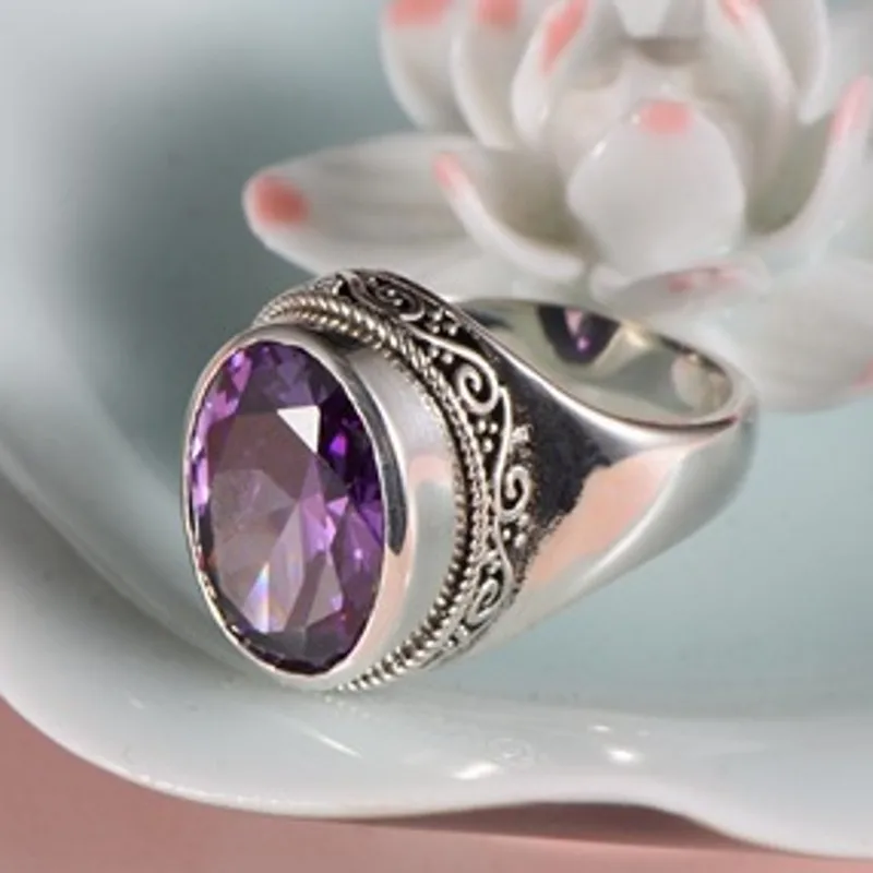 BOCAI New Real s925 Sterling Silver Jewelry Korean Faceted Zircon Amethyst Fashion Simple Woman Ring