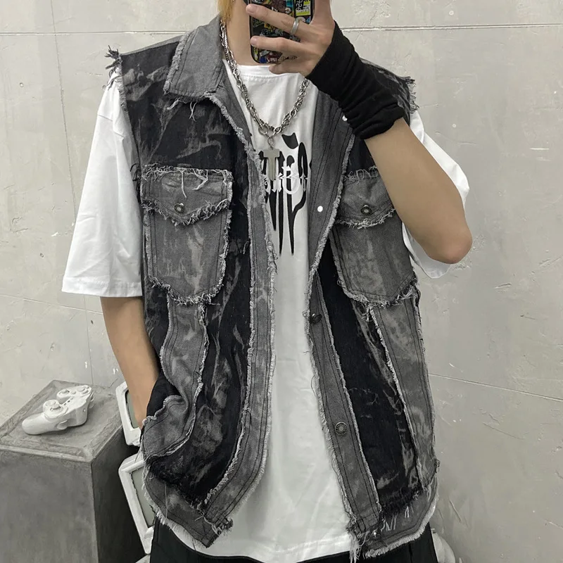 2020 New Arrival Fashion Brand Clothing Men Denim Vest Loose Sleeve Less Cotton Short Turn-down Collar Single Breasted Pockets 