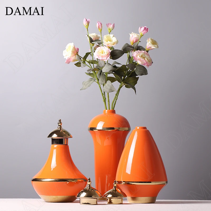 

Golden Stroke Ceramic Vase Chinese Orange Living Room Countertop Vase Decorative Ornament Office Meeting Room Desktop Plant Pots