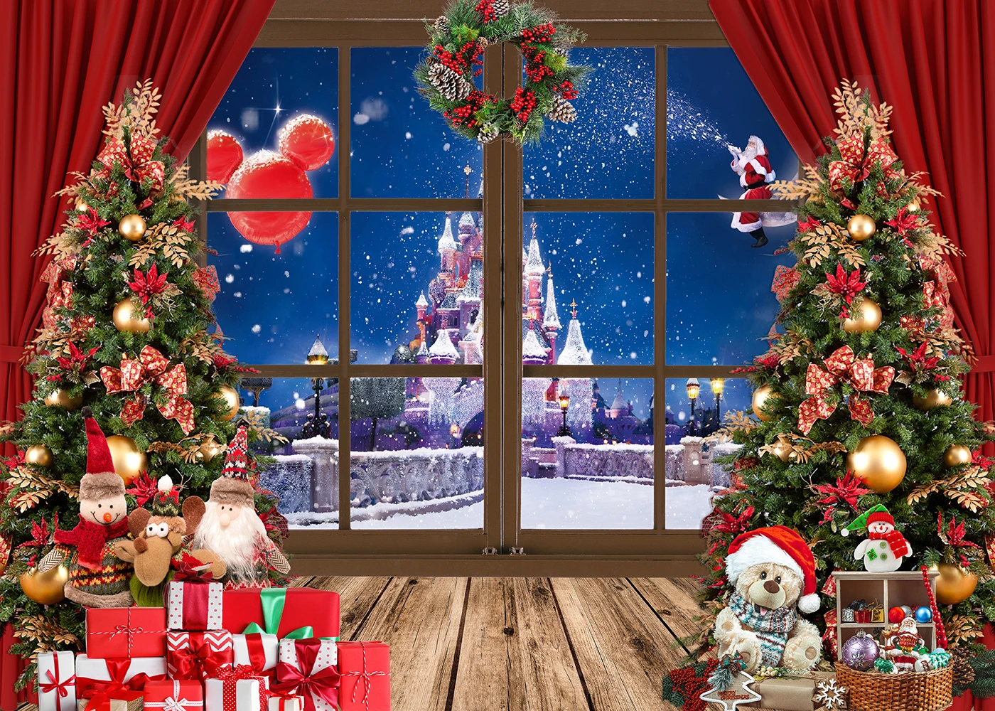 Capisco Giáng Sinh Phông Nền Chụp Ảnh Tuyết Mùa Đông Xmas Cửa Sổ Cây Lâu Đài Nền Ngày Lễ Để Chụp Ảnh Phòng Thu Đạo Cụ