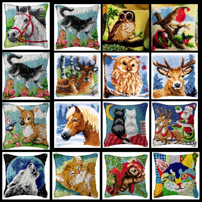 

Needlework Sets Unfinished Crocheting Yarn Pillow Latch Hook Hors Cat Animal Decoration Pre-printed Grid cloth Color printing