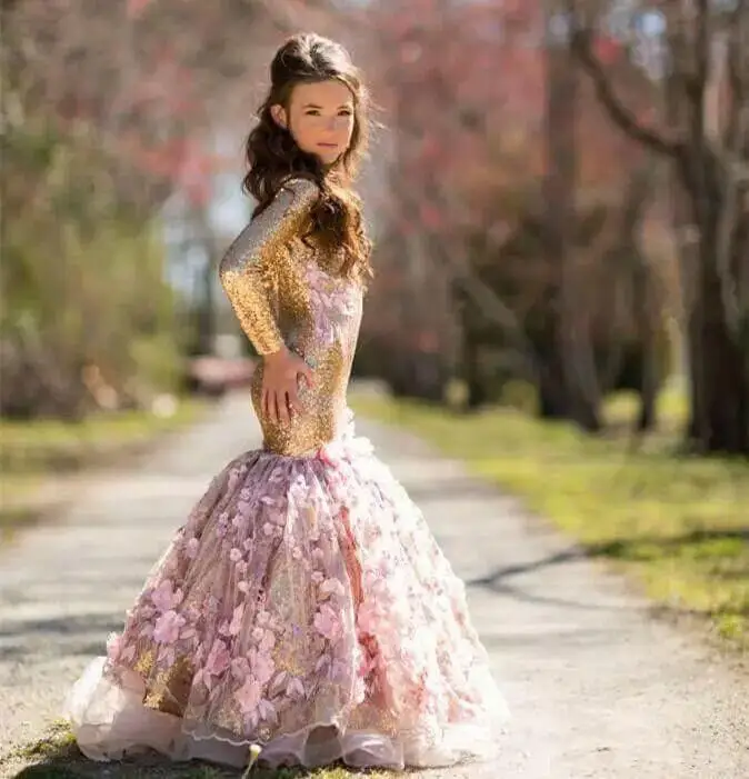 Blingbling Gold Mermaid Sequined Flower Girl Dresses Long Sleeves Backless Little Kids Communion Gowns Pageant Dresses платье