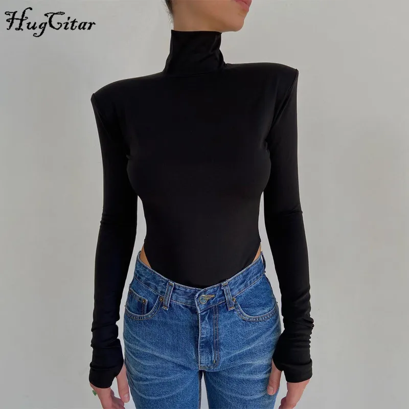 Hugcitar 2020 Long Sleeve Shoulder Padded Backless Sexy Bodysuit Autumn Winter Women Fashion High Neck Pure Romper Body