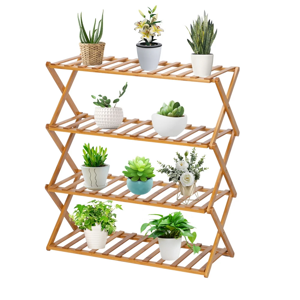 100% Bamboo Flower Stand 4-Layer Foldable Balcony Plant Frame Stock Rack Office Living Room Garden Decoration Natural[US-Depot]