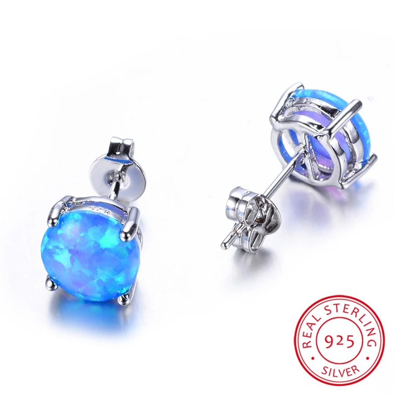 Boho Female Small Blue Round Fire Opal Stone Stud Earrings Cute 925 Sterling Silver Wedding Jewelry For Women