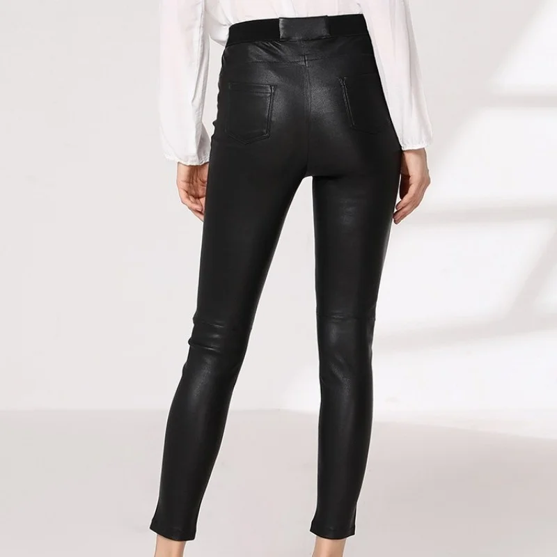 Lady Fashion Elastic High Waist Real Leather Pants Street Zip Design White Skinny Pencil Pants Luxury Office Ankle Length Pants