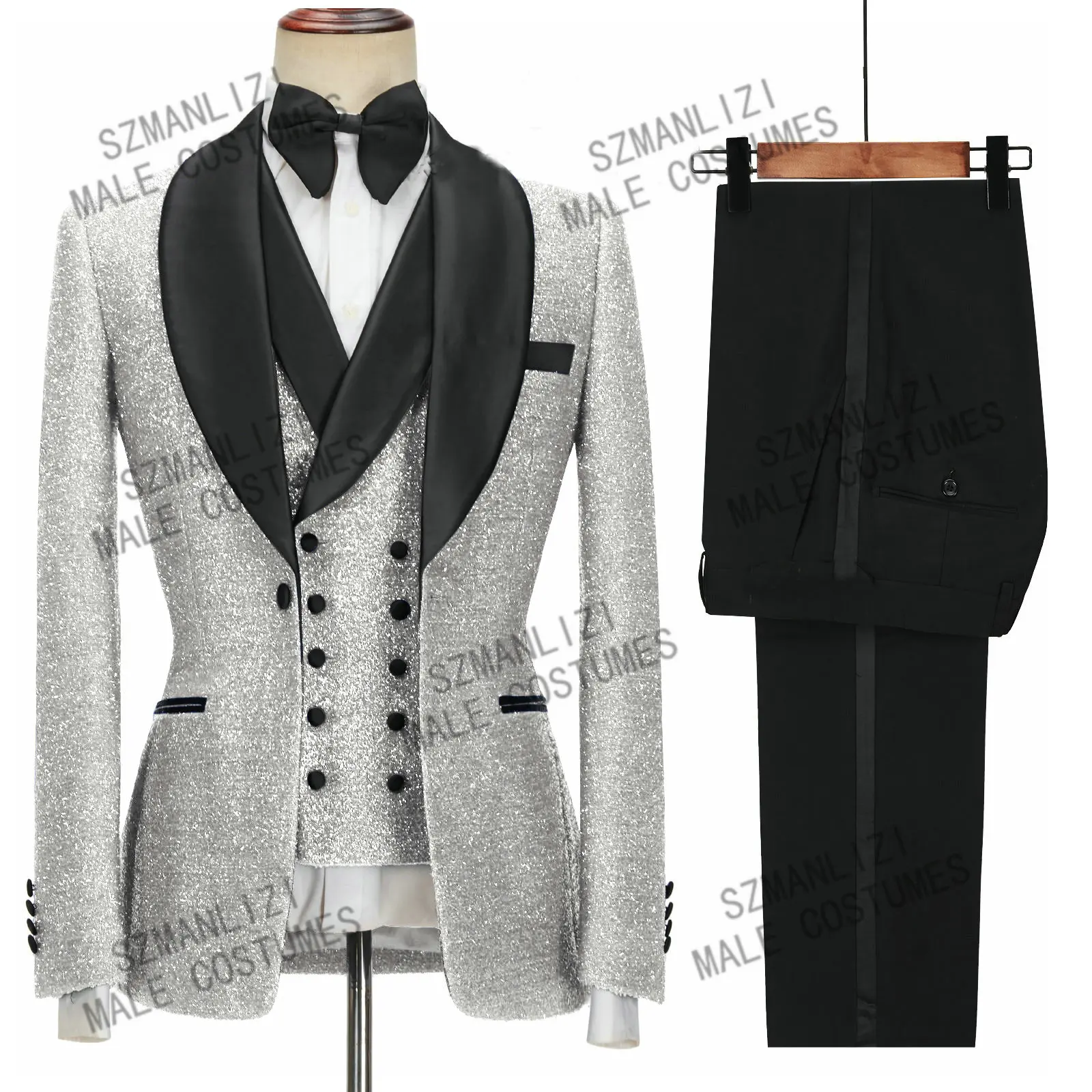 

New Designs 2022 Custom Made Men Suits Terno Slim Fit Shawl Lapel Silver Prom Tuxedos For Wedding Groomsman Blazer Vest Pants