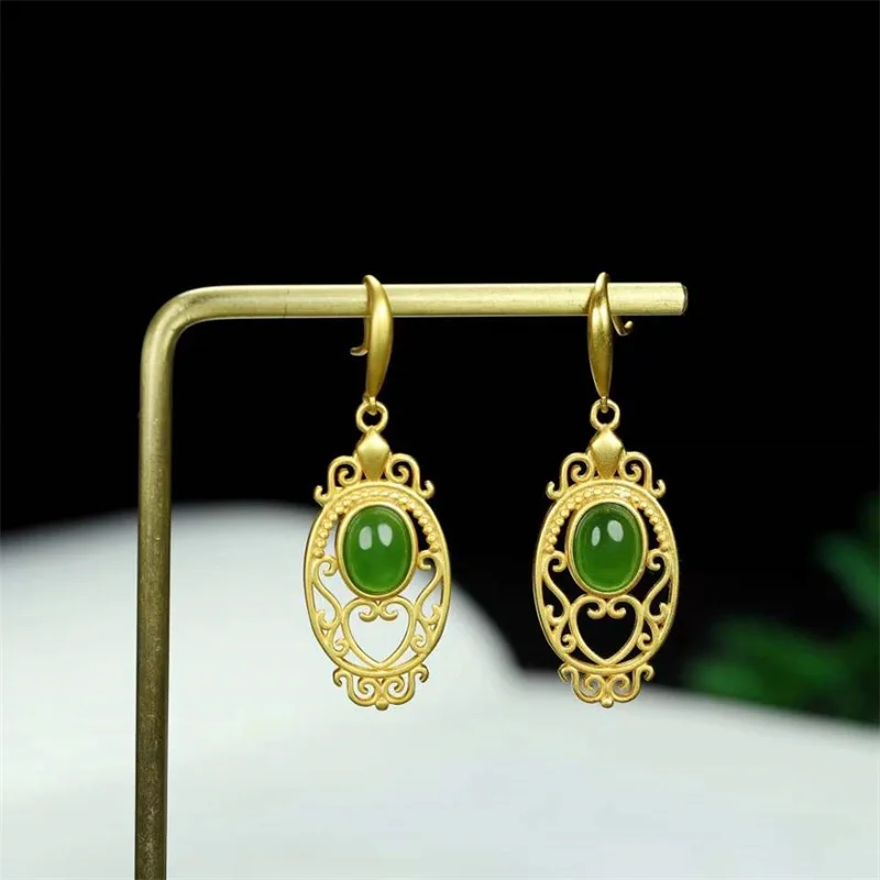 Hot Selling Natural Hand-carved 925 Silver Gufajin Inlaid  Jade Jasper Earrings Studs Fashion Jewelry Women Luck Gifts