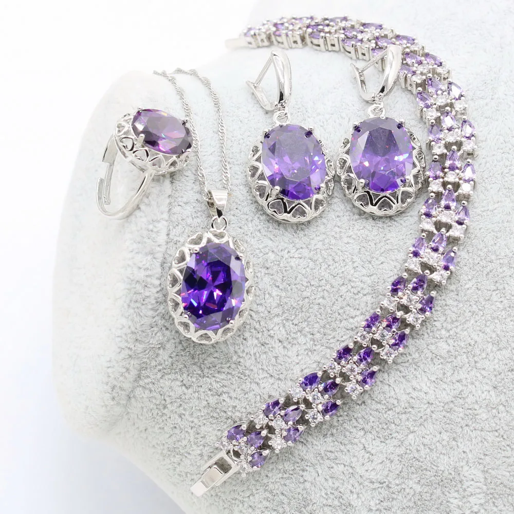 Xutaayi Purple Cubic Zirconia Silver 925 Jewelry Sets Women With Earrings Bracelet Necklace Pendant adjustable Ring