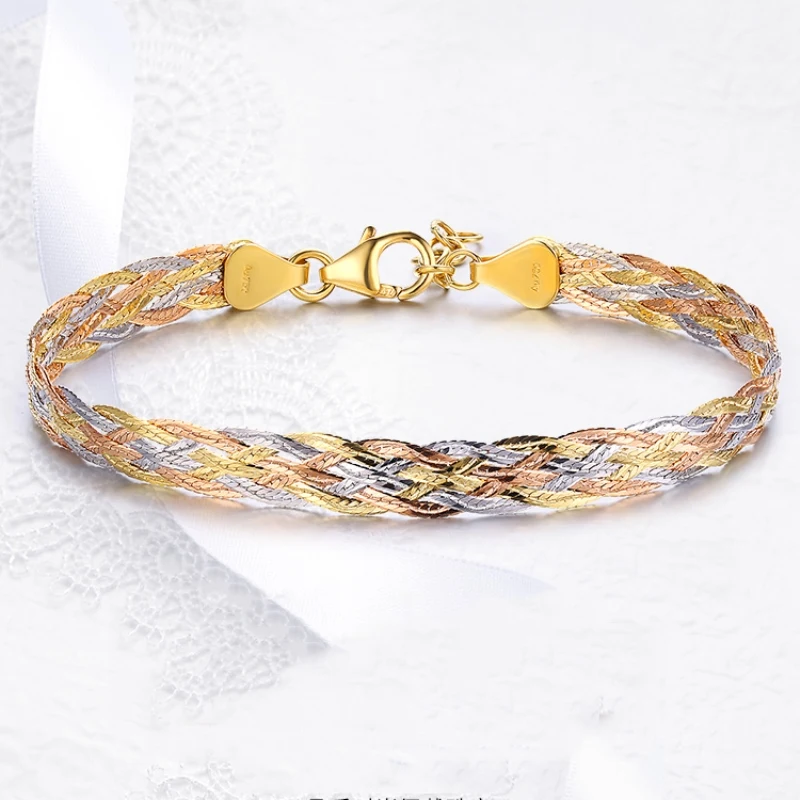 Real 18K Multi-tone Solid Gold Chain For Women Shine Rope Weave Bracelet 7.1''L Gift