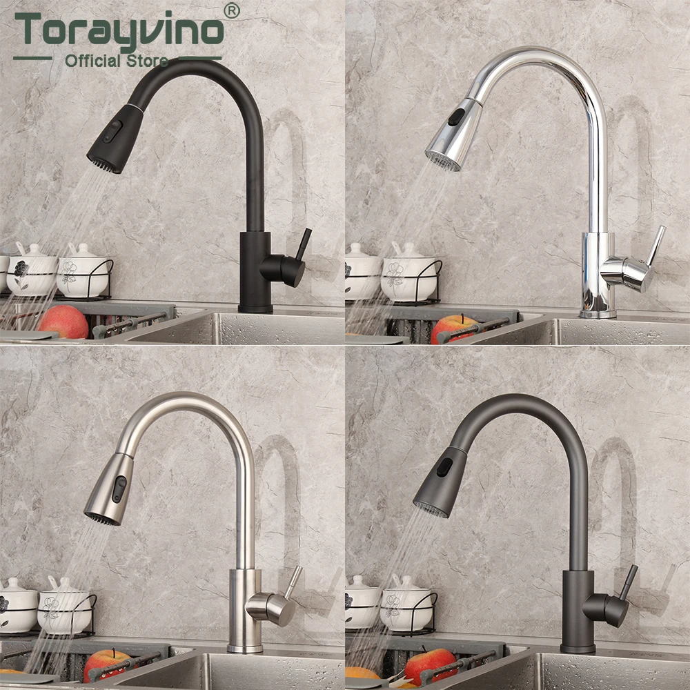 Torayvino Kitchen Faucet Pull Out Spout Single Hole Deck Mounted Faucets Basin Sink Stream Sprayer Head Hot And Cold Water Tap