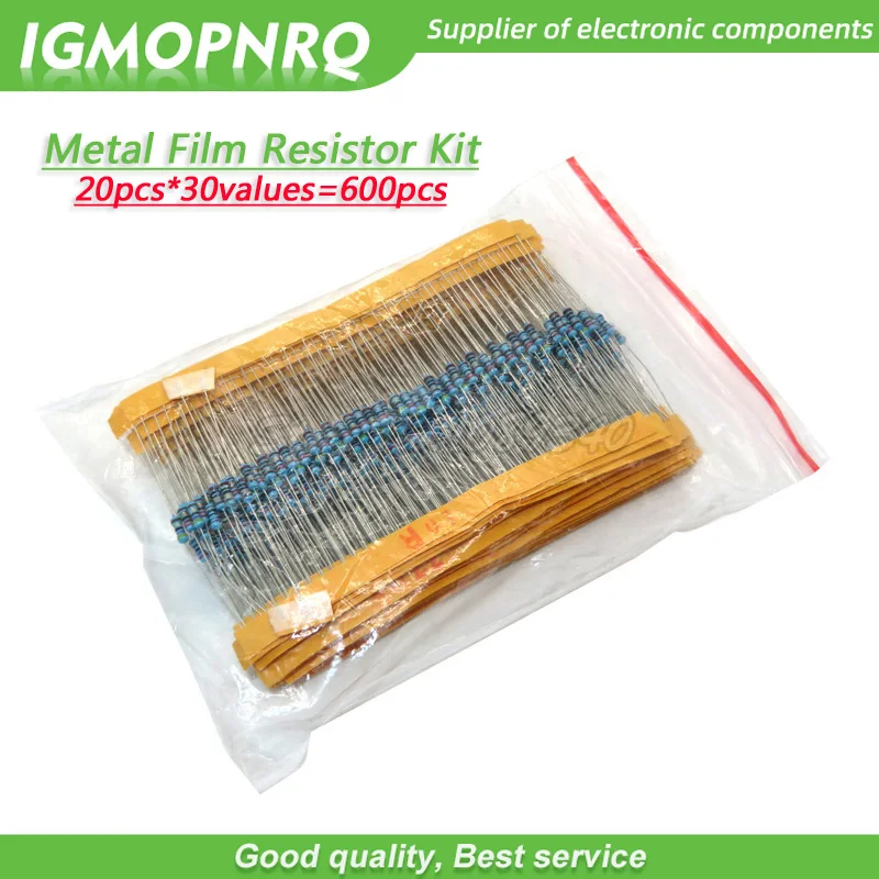 Resistencia de película metálica, Kit surtido de resistencia de 600, 1/4W, 10 Ohm ~ 1M Ohm, IGMOPNRQ, 20 Uds. X 30 valores = 1% Uds.