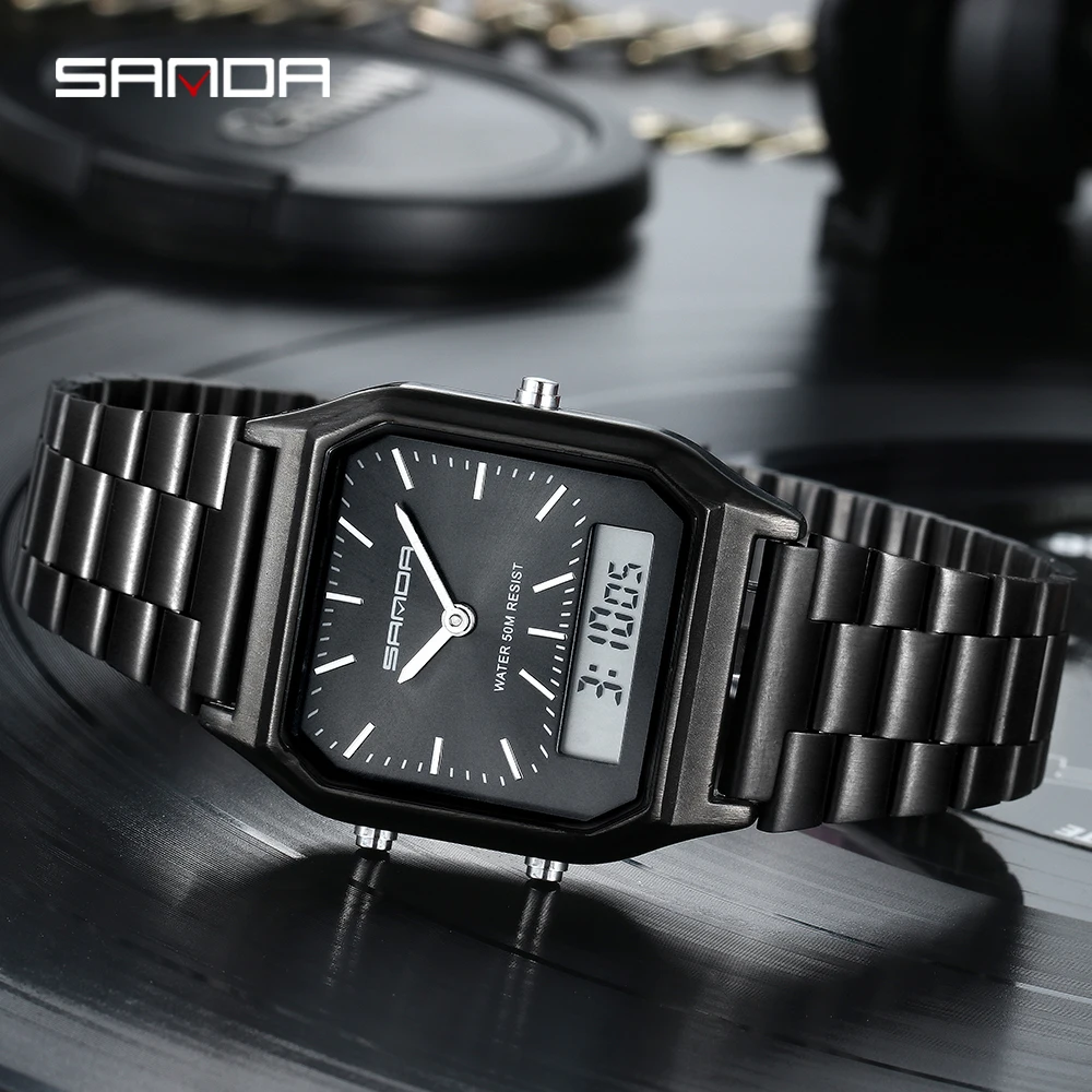 SANDA Luxury Men\'s Black Stainless Steel Watches Women Fashion LED Digital Clock Waterproof Sports Watch relogio masculino