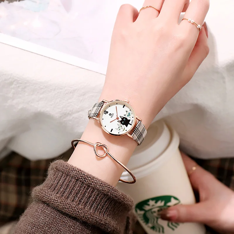 UTHAI BK51 Retro Simple Girl Temperament Literary Personality Plaid Casual Small Fresh Middle School Student Quartz Watch