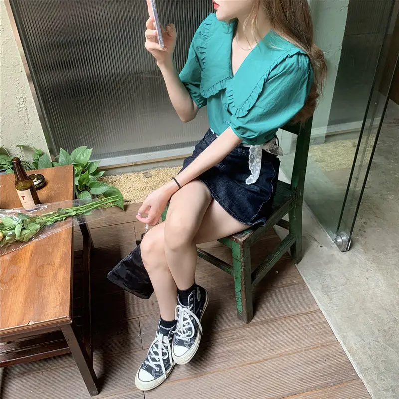 Shirts Women Fit Solid Puff Sleeve Summer Leisure Sweet Ulzzang Holiday Retro All-match Ladies Ins New Fashion Chic Tops Simple