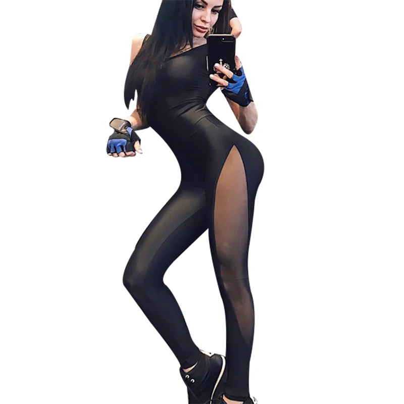Women Sexy Sportswear Mesh Blackless Patchwork One Piece Yoga Set Black Sport Suit Fitness Workout Tracksuit Gym Jumpsuit