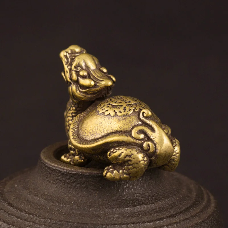 Retro Brass Mythical Beast Dragon Head Turtle Body Figurines Miniatures Heavy Copper Lucky Animal Statue Desktop Ornament Decors