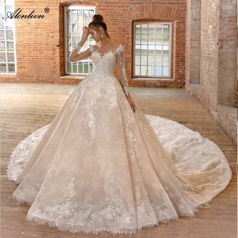 

Alonlivn Noivas Ball Gown Bridal Dresses Long Train Charming Appliques Lace O-Neck Full Sleeves Wedding Dresses