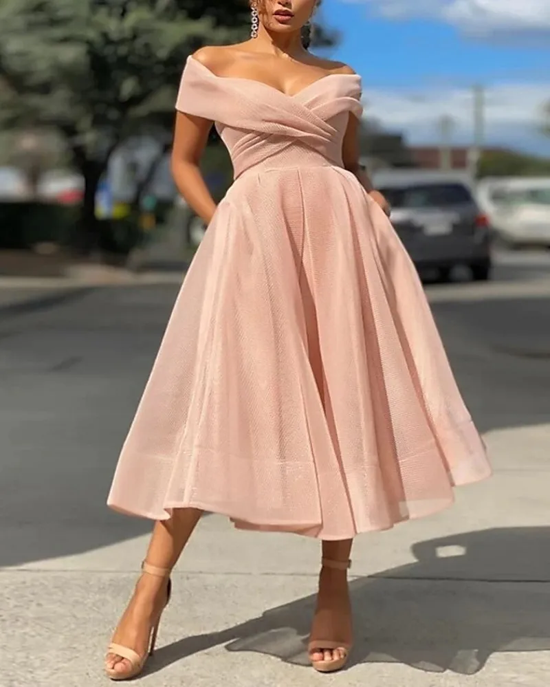 

Hot Pearl Pink Short Prom Dress Off Shoulder Sleeveless Tea Length Organza Evening Party Gown Robe De Soiree