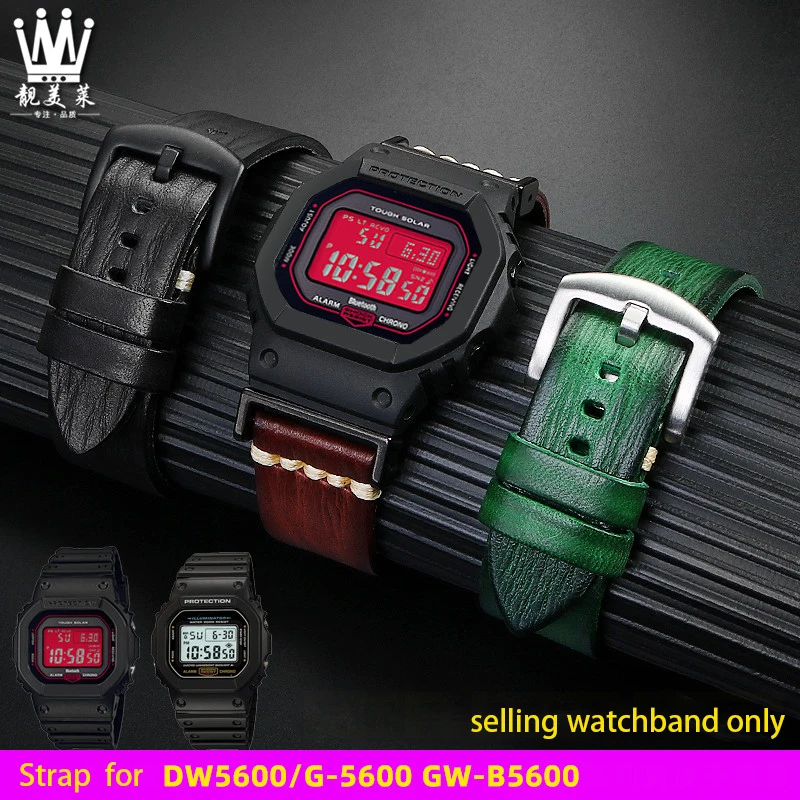 Vintage leather watchband for G-Shock Casio small square dw5600 gwb5600 gwm5610 modified leather watch belt 16mm men's wristband